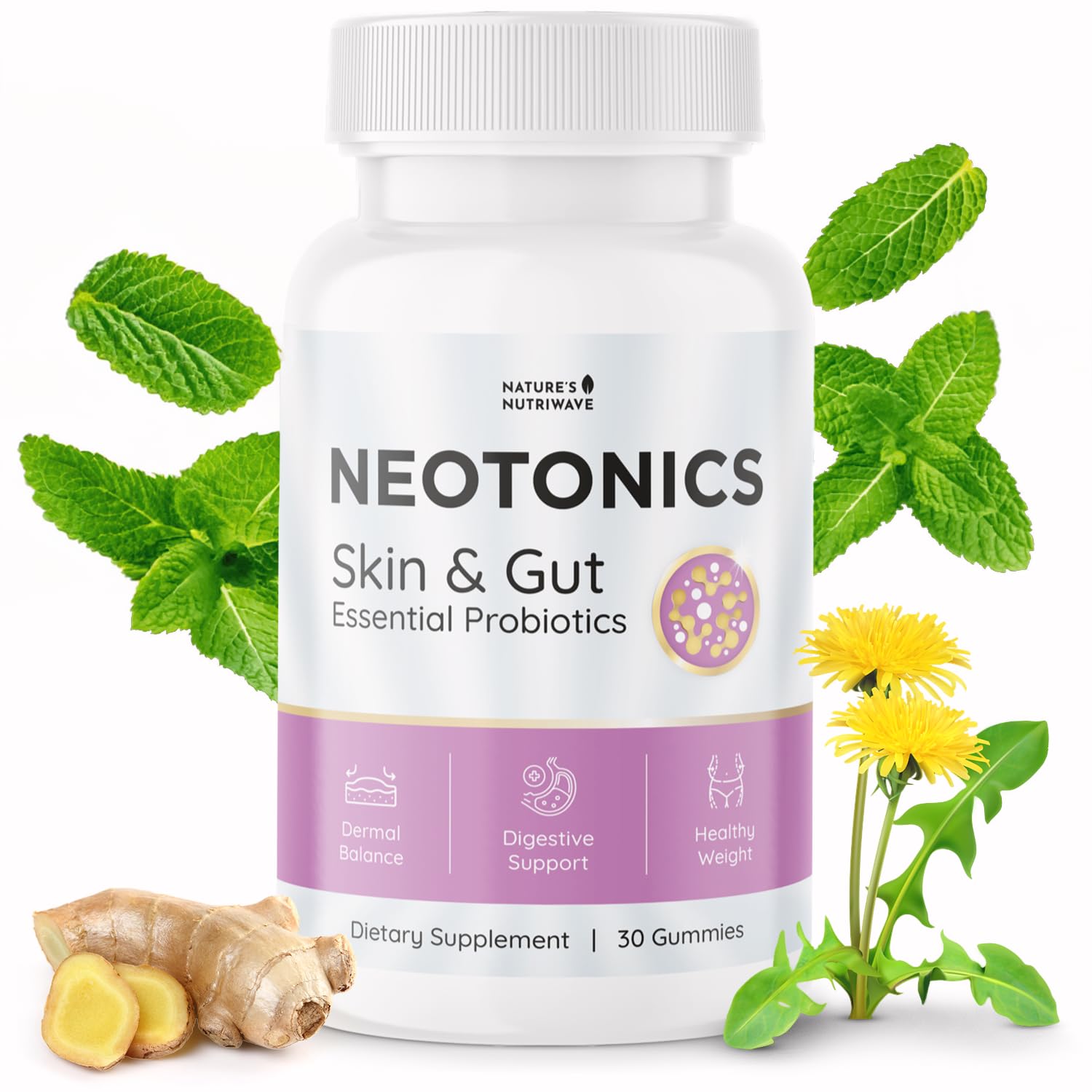 Neotonics Skin and Gut gummies - 100% Natural Probiotic Gummies, Chewable Probiotics for Digestive Health & Skin Health, Daily Probiotics For Women & Men - Apple Flavor, 30 Gummies, 1 Month Supply