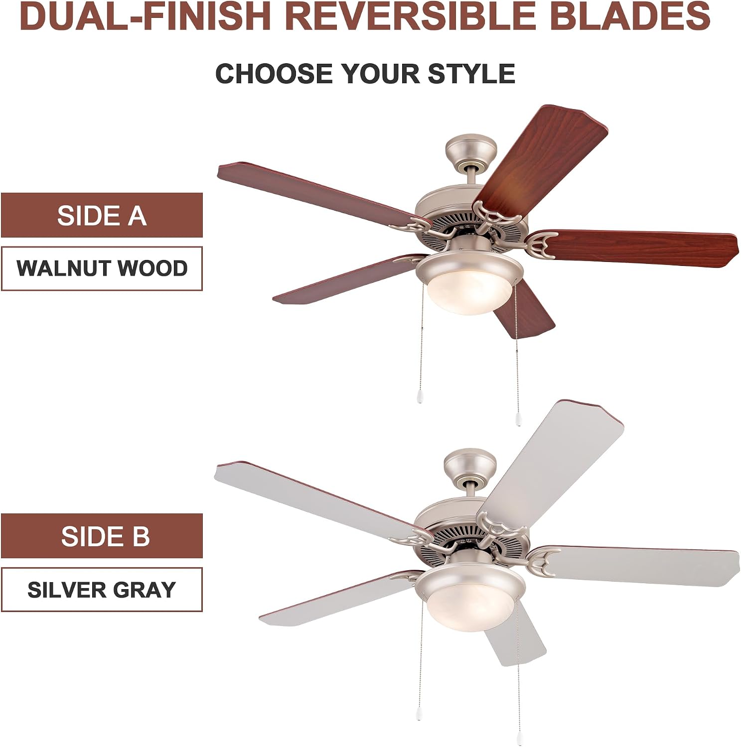 Image showing the dual-finish reversible blades of the Simpol Home ceiling fan, with one side in Walnut Wood and the other in Silver Gray.