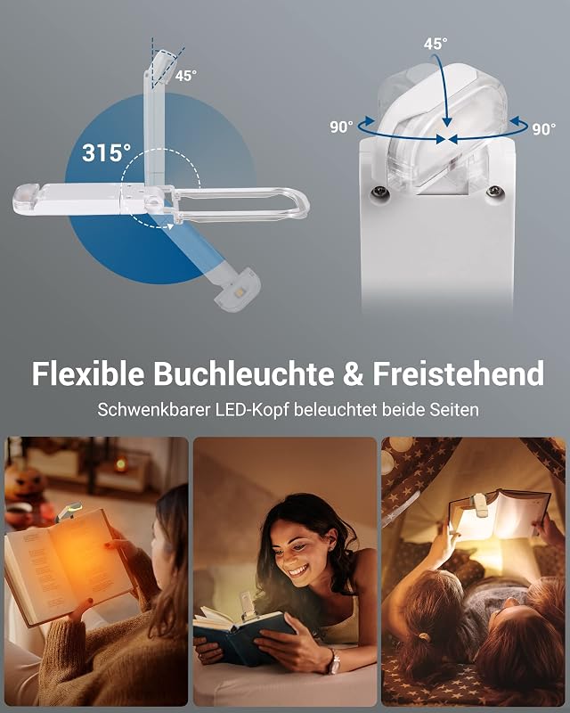 DEWENWILS Olvasólámpa Csipesszel - USB Tölthető, Borostyán Fény, Kék Fény Szűrő, 4 Fokozatú Fényerő, Állítható Szögű Könyvlámpa Gyerekeknek