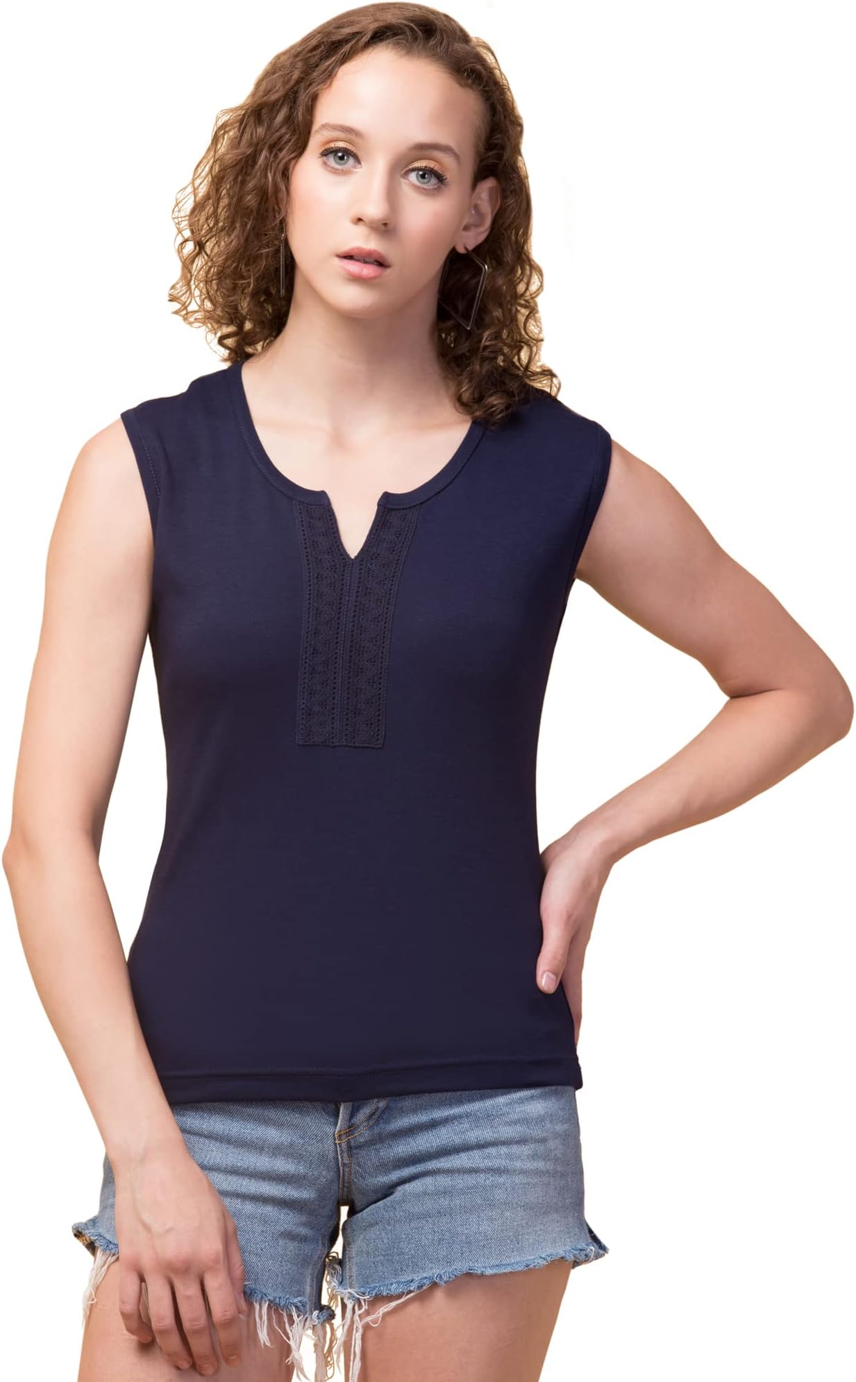 Hive91 Women's Sleeveless Tank Top with Lace Detail, V-Neck