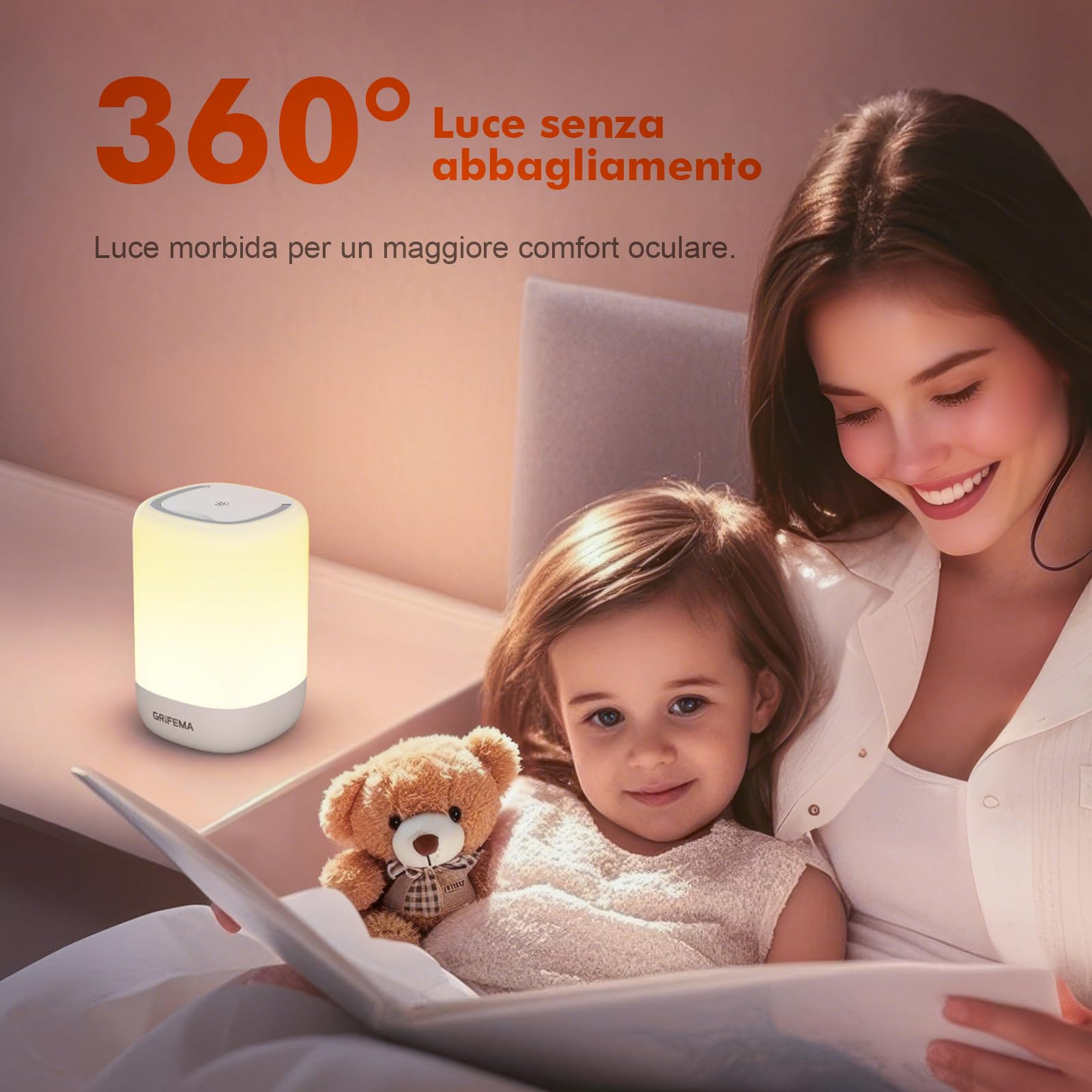 GRIFEMA Abat Jour da Comodino Senza Fili GD104 – Lampada Touch Ricaricabile, 7 Colori RGB a Gradiente, Timer 30 Min, USB-C per Camera da Letto, Bambini, Campeggio