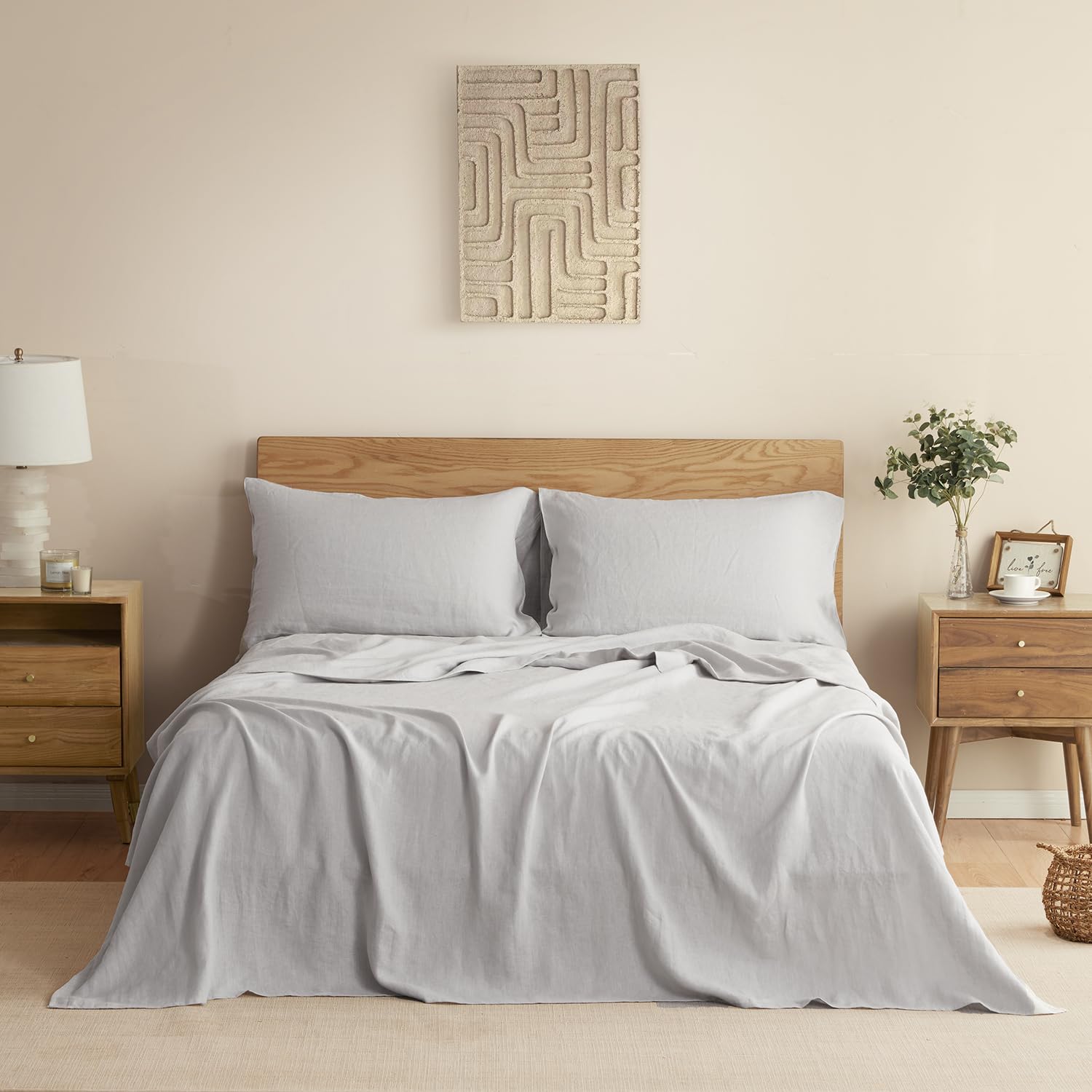 DAPU Pure Linen Sheets Set, 100% French Linen from Normandy, Breathable and Durable for Hot Sleepers, 4 Pcs Set - 1 Flat Sheet, 1 Fitted Sheet, 2 Pillowcases (Fog Gray, Full)