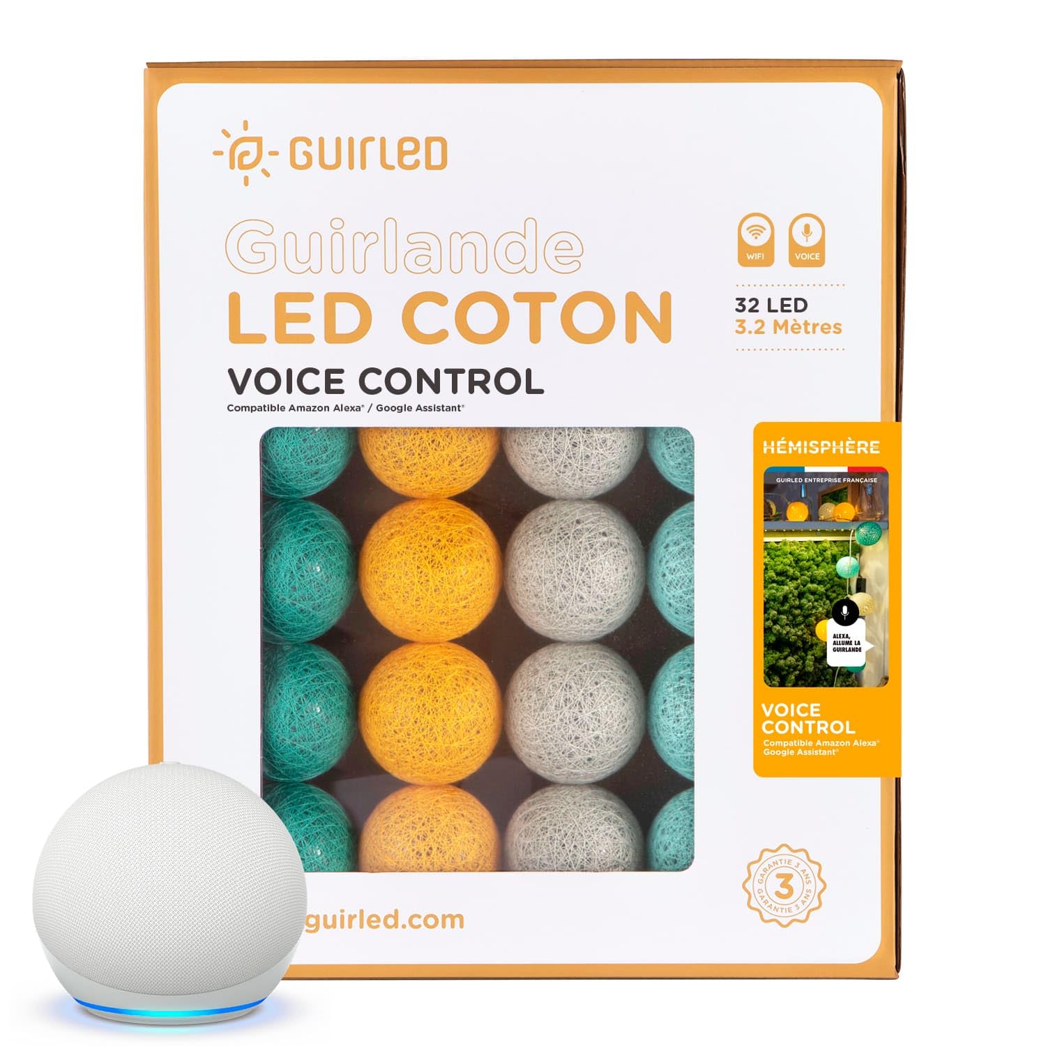 GuirLED - Ghirlanda luminosa con sfere di cotone LED USB, controllo vocale, Amazon Alexa & Google Assistant, programmabile all'infinito, adattatore di rete 2xUSB incluso, 32 palle 3,2 m