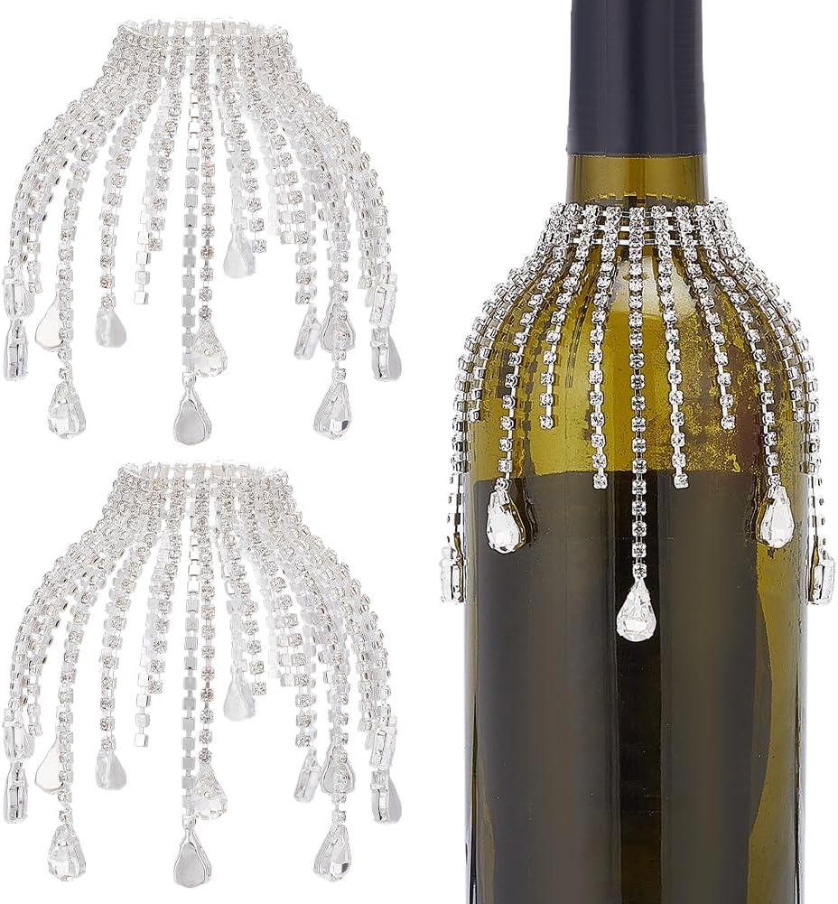 OLYCRAFT 2Pcs Silver Wine Bottle Rhinestone Tassel 4.7 Inch Veil Champagne Bottles Rhinestone Tassel Champagne Bottles Decorative Fringe Wine Bottle Decorative Charms for Party Wedding Decorations