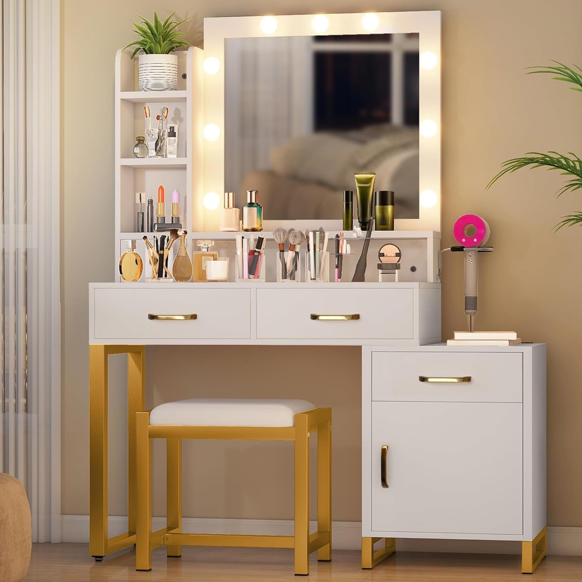 DWVO Vanity Desk with Mirror and Lights, showing the desk, mirror with bulbs, drawers, and accompanying stool.