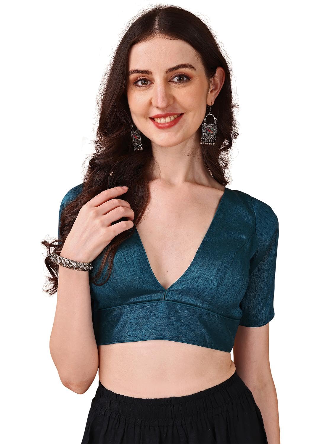 Womanista Silk Women's Dupion Solid Short Sleeve Regular Fit V Neck Blouse (Bl_70_Teal Small)