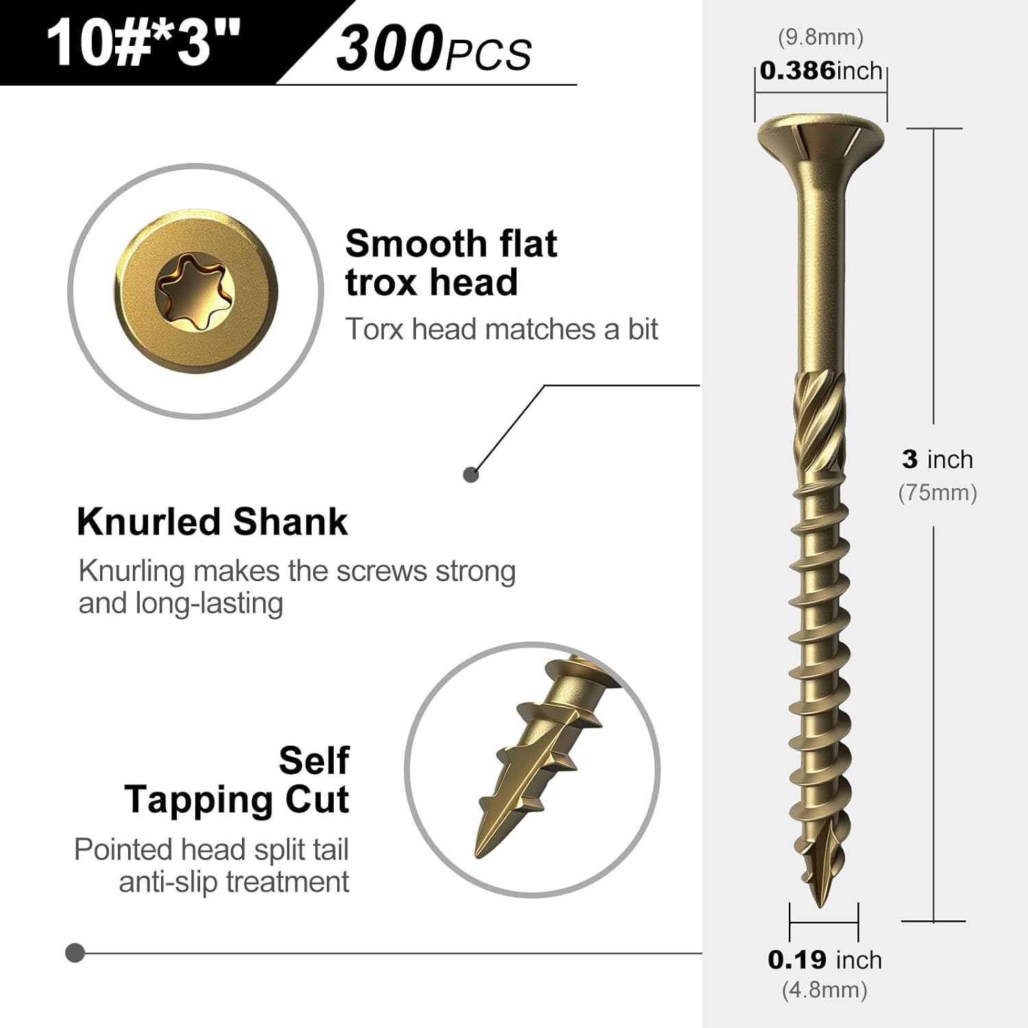300PCS #10 x 3 Wood Screws, Self-Tapping Drive Deck Screws, Outdoor Used Epoxy Coated Screws, Coarse Threads, T25 Star Bit Included, Bronze