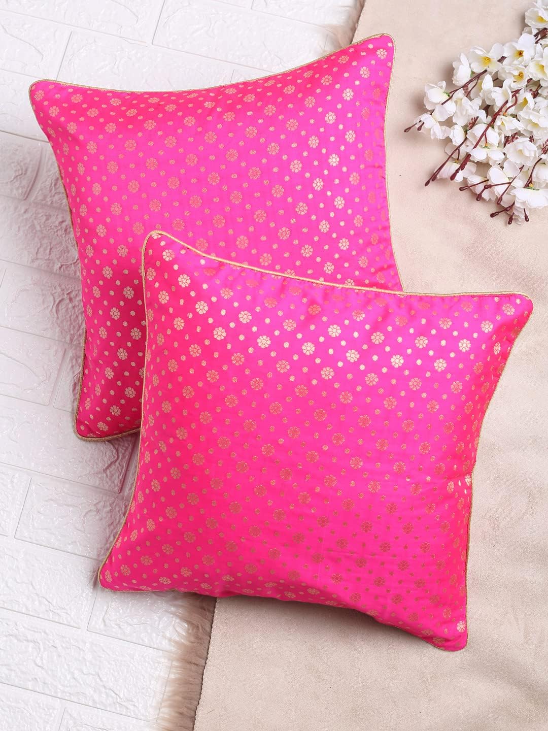 Saka Designs Set of 2 Magenta Gold Jacquard Cushion Cover