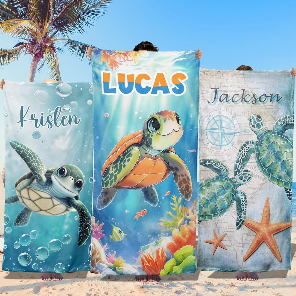 Loosusu Personalised Beach Towels for Kids - Custom Beach Towels with Monogram & Name- Ultra Absorbent Super Soft Swimming Towels for Kids,Customised Bath/Pool/Beach Towel for Boys Girls(Turtle)