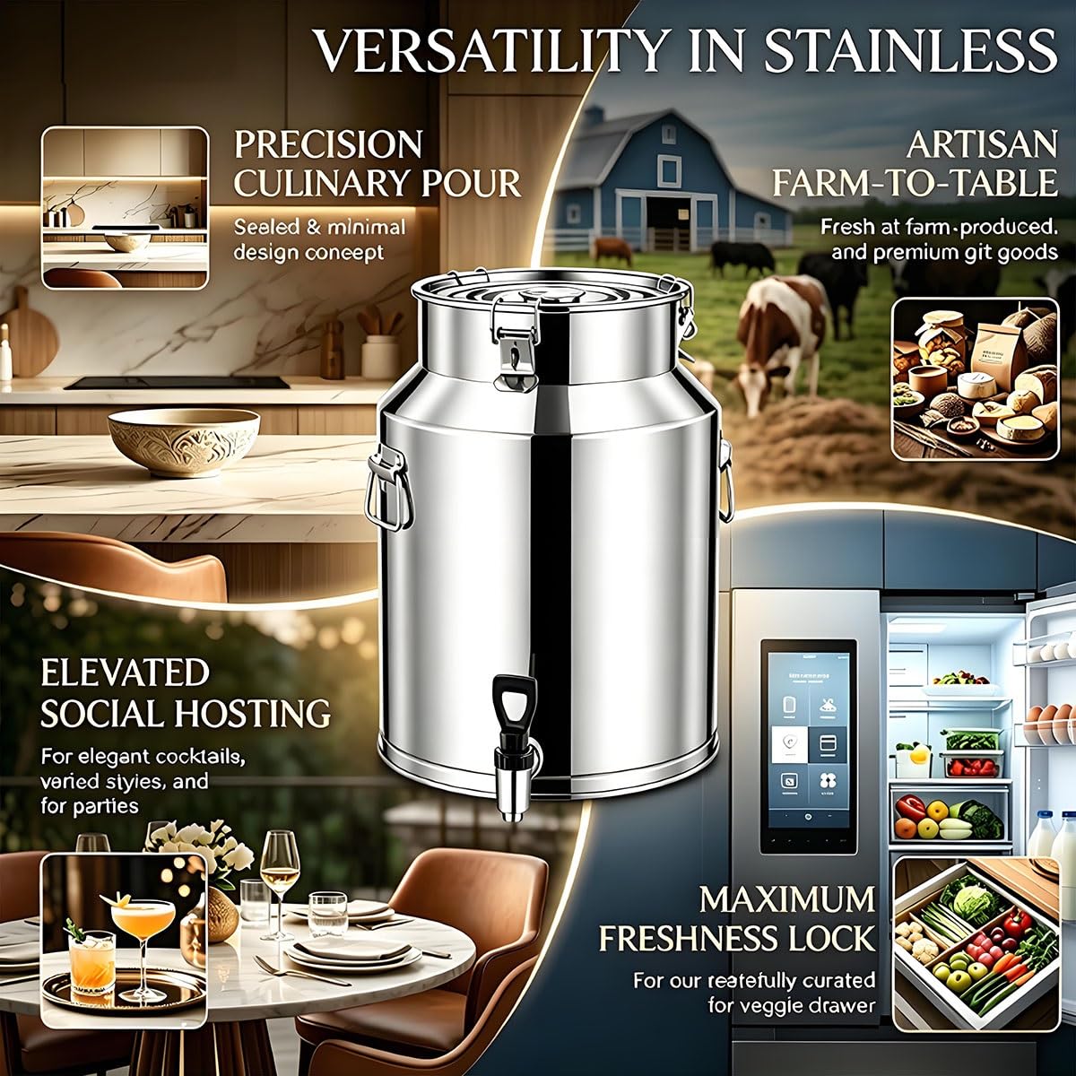Cantarilla Lechera de Acero Inoxidable 15L con Tapa Estanca, Recipiente | Metálico Multiusos para Leche, Vino, Cerveza, Aceite y Almacenamiento de Alimentos(No faucet,42L/11.10Gal)