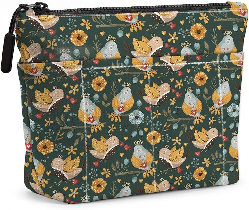 Necessaire para maquiagem e cosméticos jealance com bolsos externos, estampa botânica com animais de fazenda Bird Floral 1440
