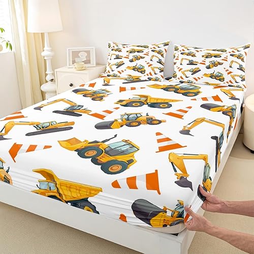 Sábana bajera ajustable para niños de excavadora tamaño completo, vehículo de ingeniería de dibujos animados camión tractor ropa de cama bolsillo