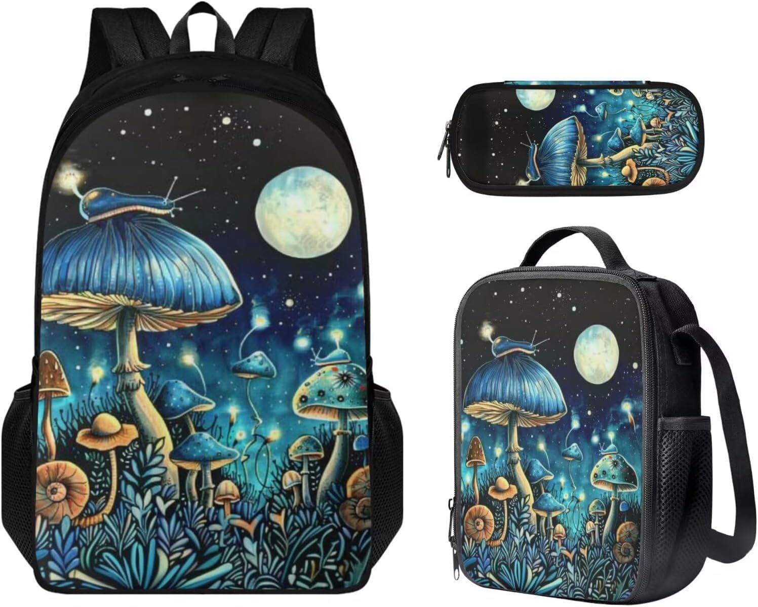 Mushroom Backpack for School Girls Backpack with Lunch Box and Soft Pencil Case 3PCS Set 17 inch Sturdy Bookbag for Kids Boys Large Capacity School Bag with Compartments School Supplies Set