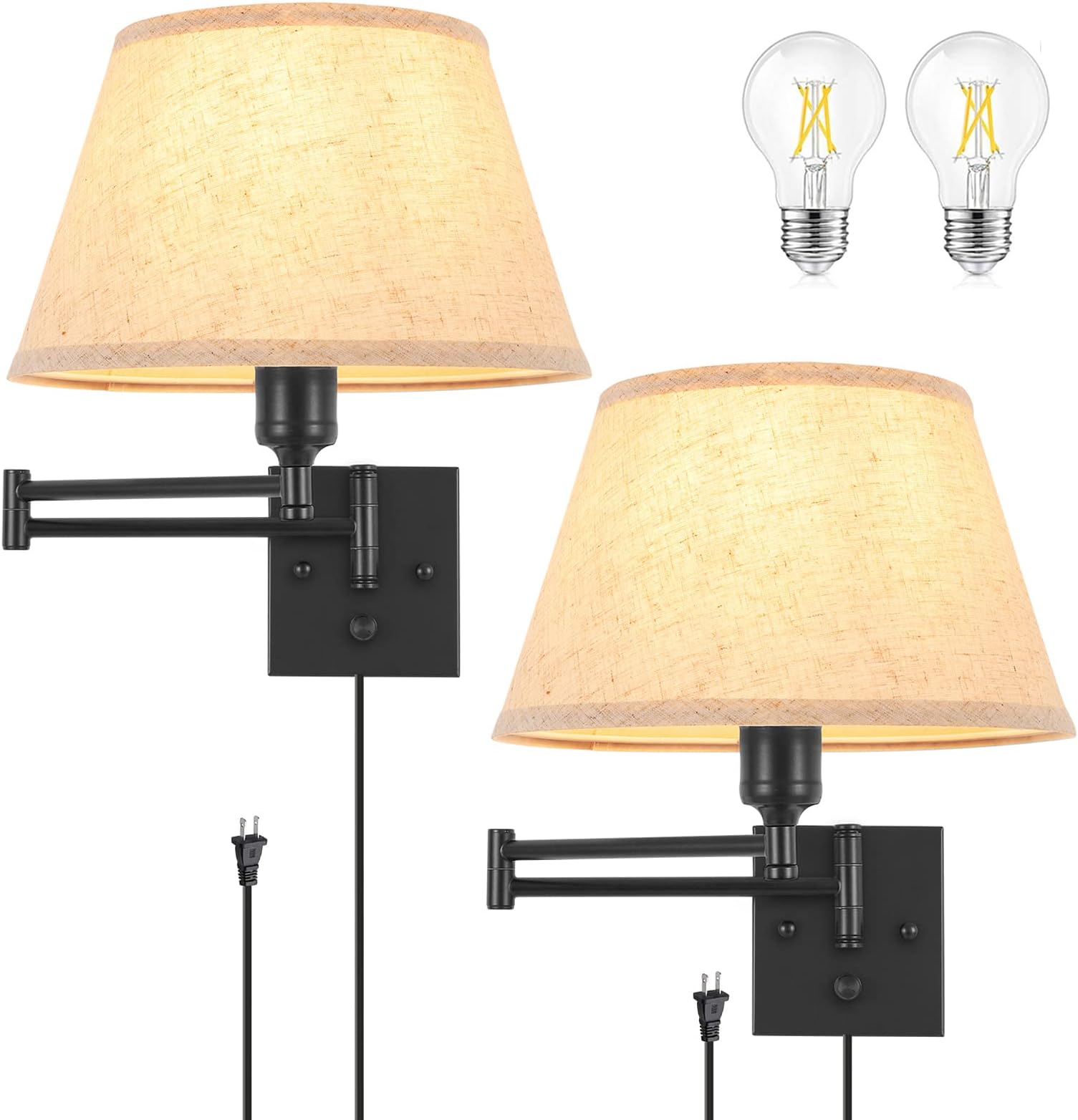 TRLIFE Dimmable Wall Sconce Plug in, Wall Sconces Set of Two Swing Arm Wall Lights with Plug in Cord and On/Off Dimmer Rotary Switch, 11.8" Large Beige Fabric Shade(2 Pack, 2 Bulbs Included)