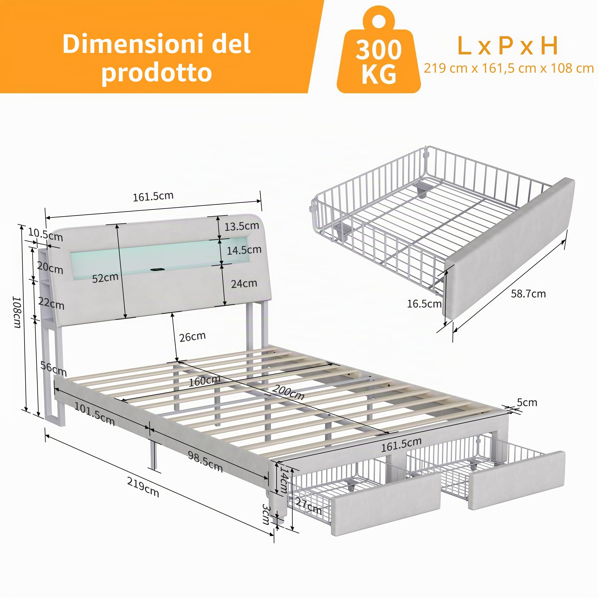Letto imbottito 160x200 cm con 2 Cassetti, Letto matrimoniale a LED, letto contenitore una piazza e mezza, Funzionale con testiera, Struttura letto con rete a doghe, in Velluto