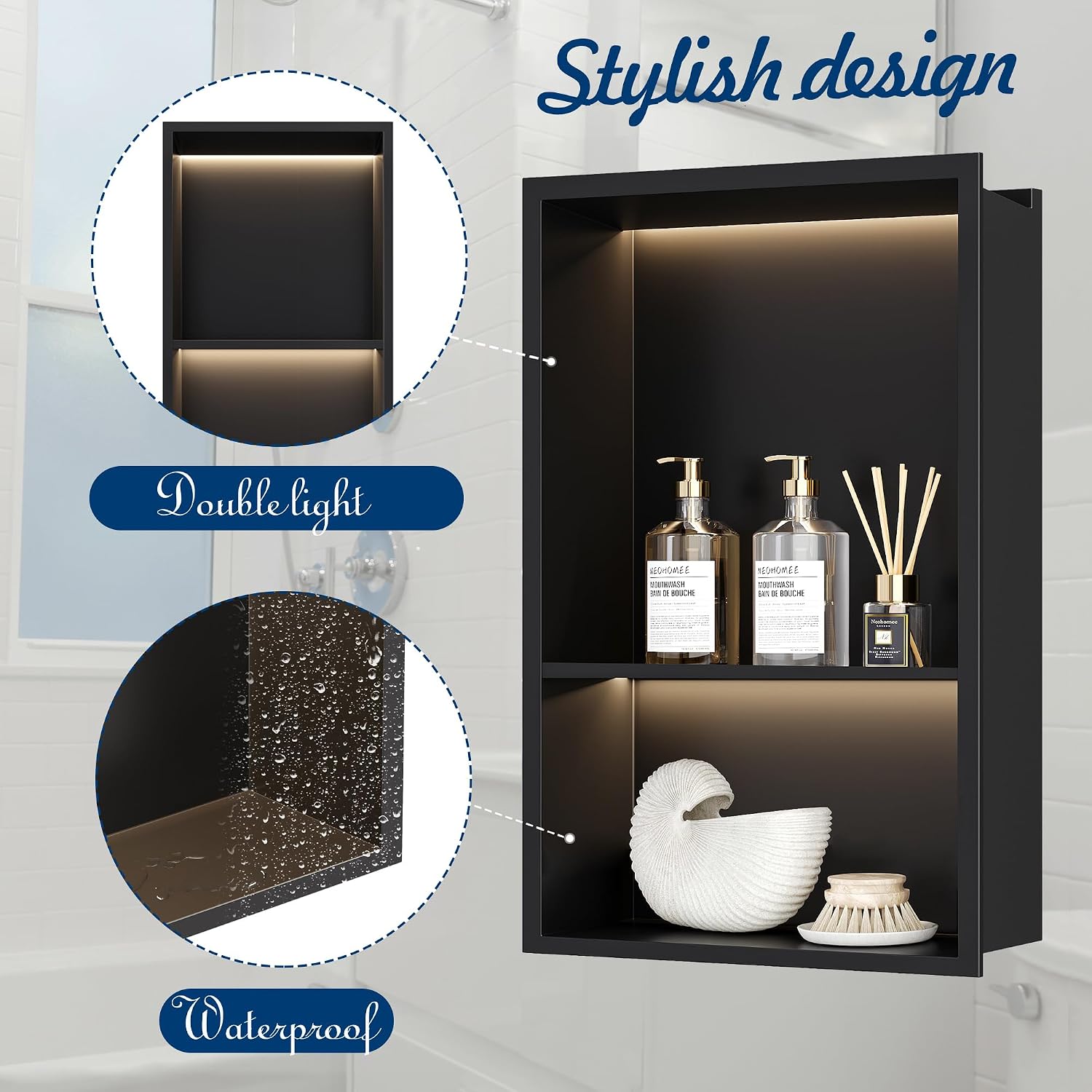 Neodrain 2-Tier Matte Black LED Shower Niche, 12"×18", No Tile Needed Niche