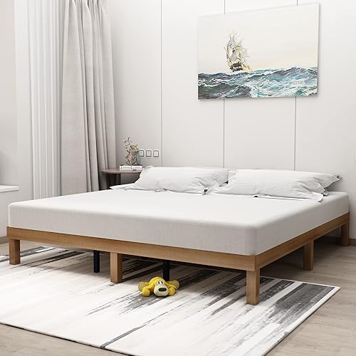 Miniatura 3 de HomSof Cama de plataforma de madera maciza tamaño King, no necesita somier, soporte de listones de madera fuerte, fácil montaje