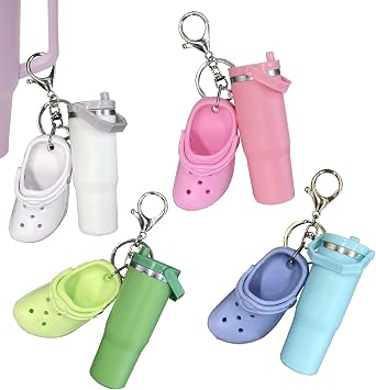 4 Pcs Mini Tumbler Keychain with Shoe Charms Tiny Chapstick Holder