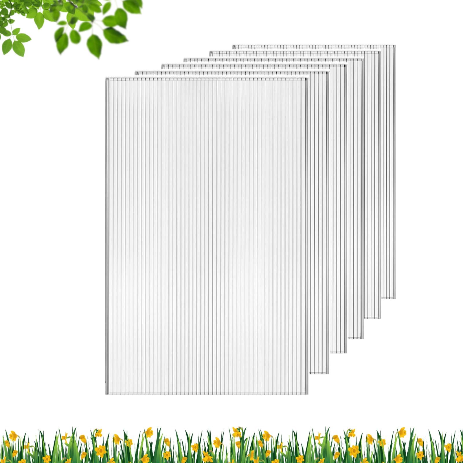 Polycarbonate Greenhouse Panels, Twin-Wall Polycarbonate Panels, Polycarbonate Sheet for All Weather Outdoor Garden and Greenhouse Covering (4'H x 2'W x 0.16''T, 6 Pieces)