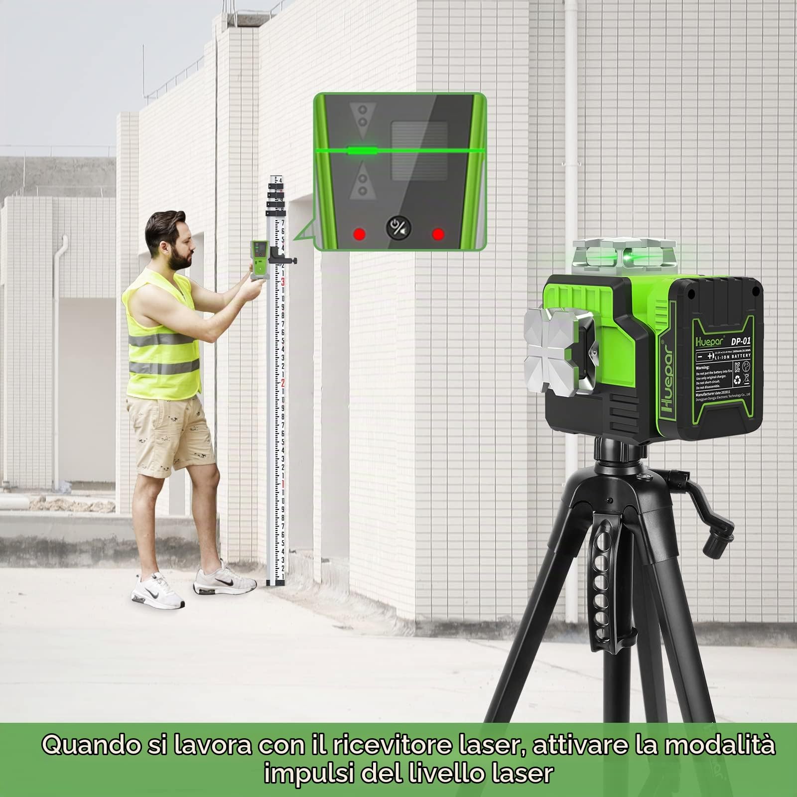 Rilevatore laser Huepar LR-8RG per livellamento laser, ricevitore laser digitale per raggio verde e rosso, display LED bifacciale e magnete, doppia lampada e cicalino da 90 dB