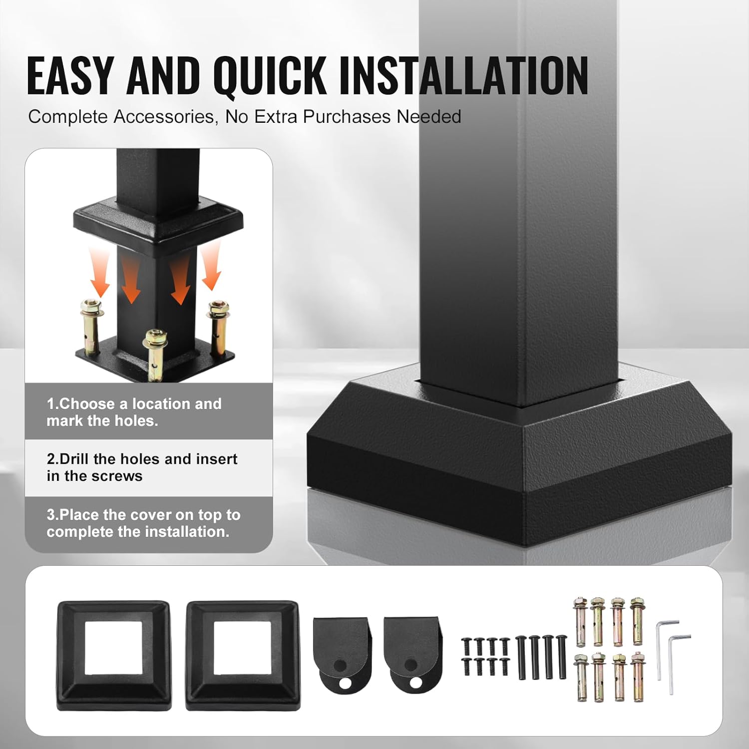 VEVOR Outdoor Handrails for Steps, 4-5 Step Stair Rail Kit, Black Square Tube with Horizontal Bar, Carbon Steel Support Rails for Seniors, Concrete & Deck Stairs, Easy Installation