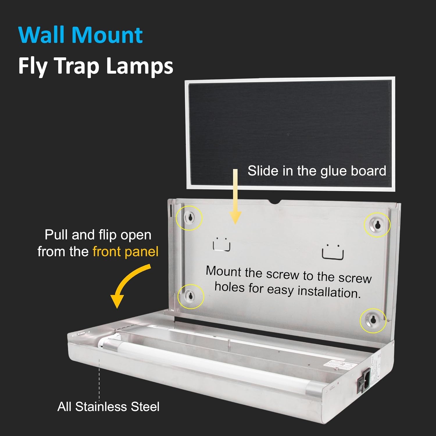 Awoco 11W LED Stainless Steel 100V-240V Wall Mount Sticky Fly Trap Lamp for Capturing Flies, Mosquitoes, Moths and Flying Insects, Perfect for Home, Restaurants, Warehouses (with 6 Glue Boards)