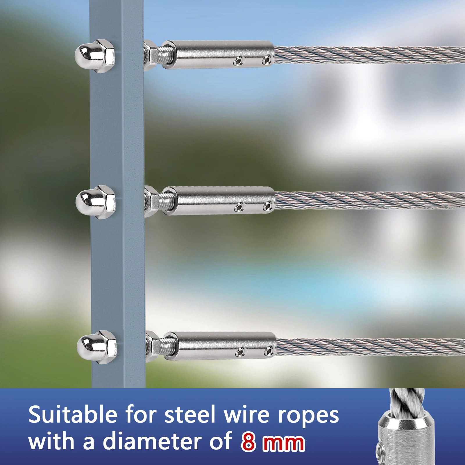 Lot de 12 Serre-câbles 8 mm Tendeur en inox avec tige filetée et clé Allen, Serre-câble en acier inoxydable pour la fixation et la tension des câbles remplissage de garde-corps, balustrades
