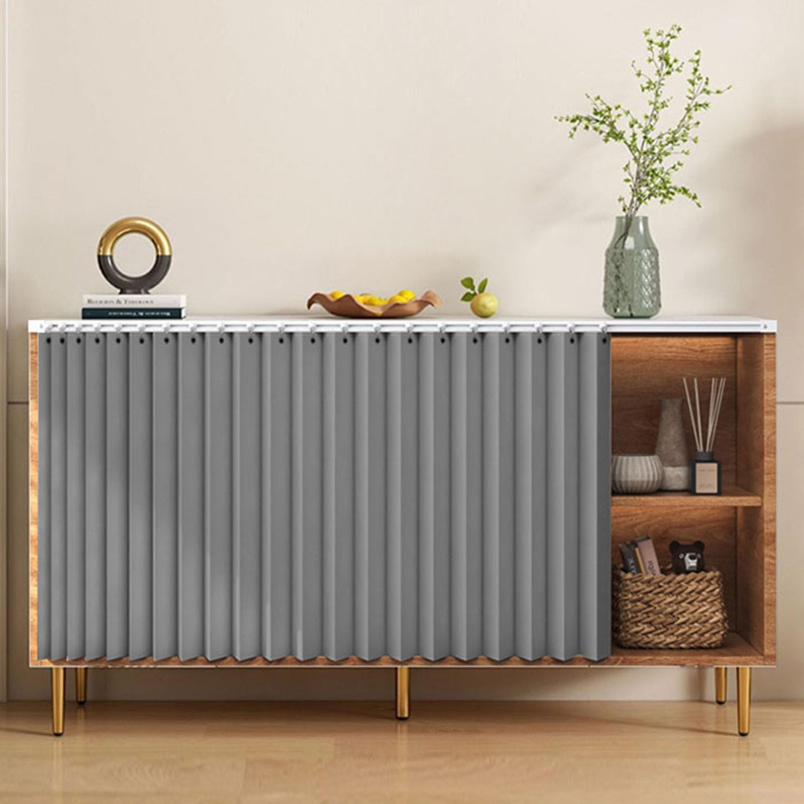 Jasnoszare wiszące zasłony prywatnościOtwarte składane zasłony do szafki z samoprzylepną szyną na półkę, biurko lub pod blatem, 80 x 70 cm, idealne do domu i biura rozwiązania zapewniające prywatność