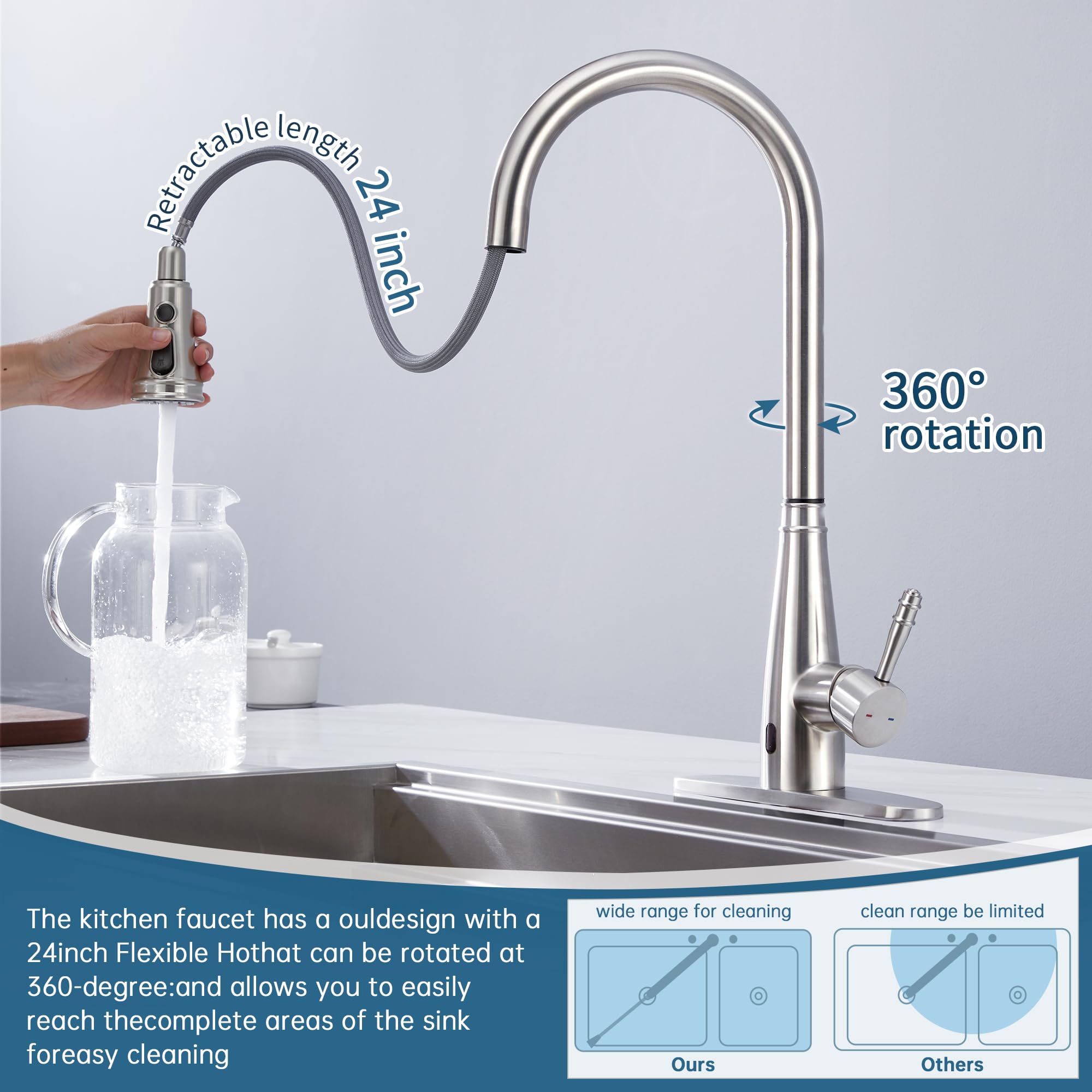 KPAIDA Touchless Kitchen Faucet, Kitchen Faucets with Pull Down Sprayer, Chrome Motion Sensor Smart Hands Free Kitchen Sink Faucet, Single Handle Stainless Steel 1 or 3 Hole Kitchen Faucet