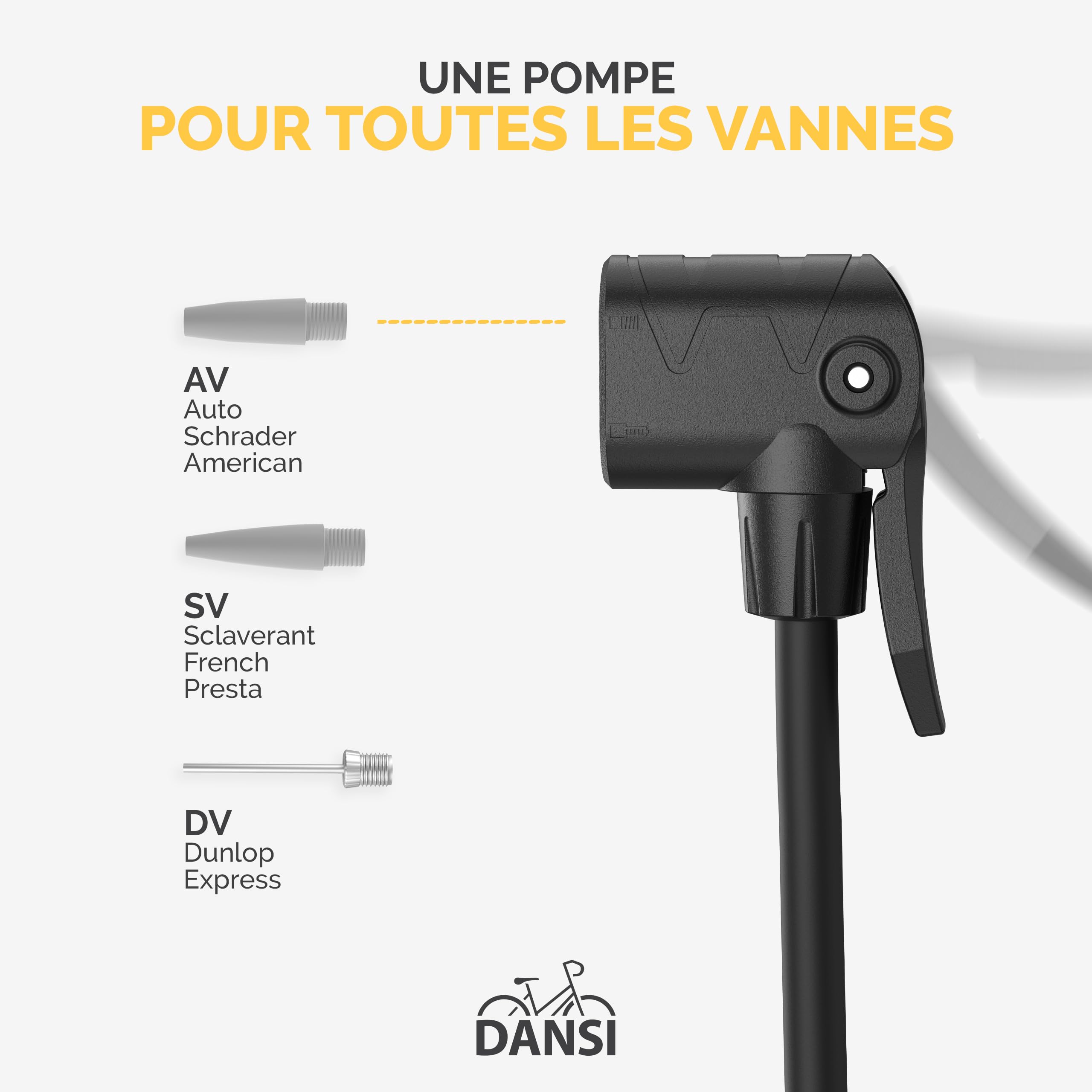 DANSI Pompe à vélo à Pied Toutes valves AV, SV, DV avec Grand manomètre