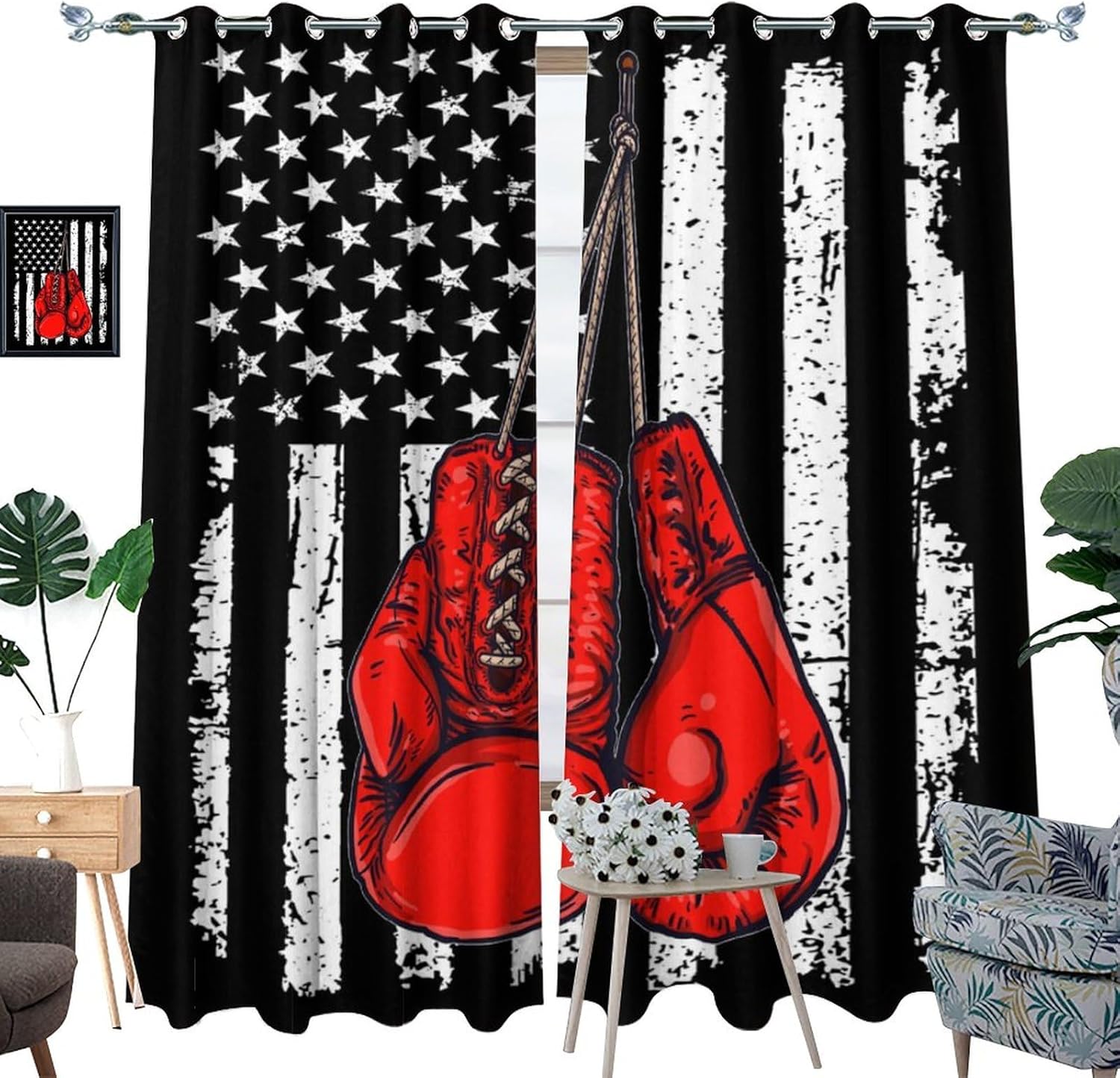Sports Boxing Gloves Theme Curtains Retro Boxing Red Boxing Gloves American Flag Design Window Drapes Rod Pocket Curtains Darkening Window Treatments 2 Panels 63" L x 31.5" W