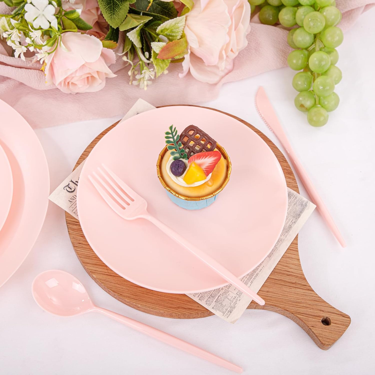 EI 150pcs Pink Plastic Plates Pink Disposable Heavy Duty Plastic Plates for Party Dinnerware Set Pink Plastic Silverware for Party Wedding Afternoon Tea,Spring,Mother's Day,Valentine's Day,Easter