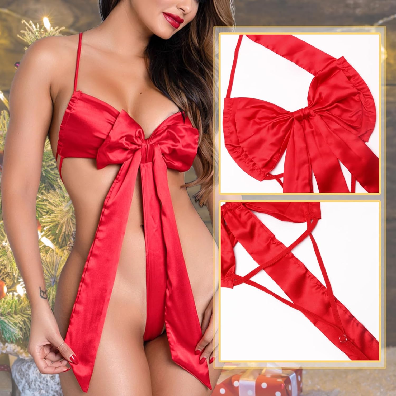Women's Sexy Satin Babydoll Lingerie Teddy Bodysuit Unwrap Me Sleepwear Red Big Bow Gift Underwear for Valentine's Day - Image 3