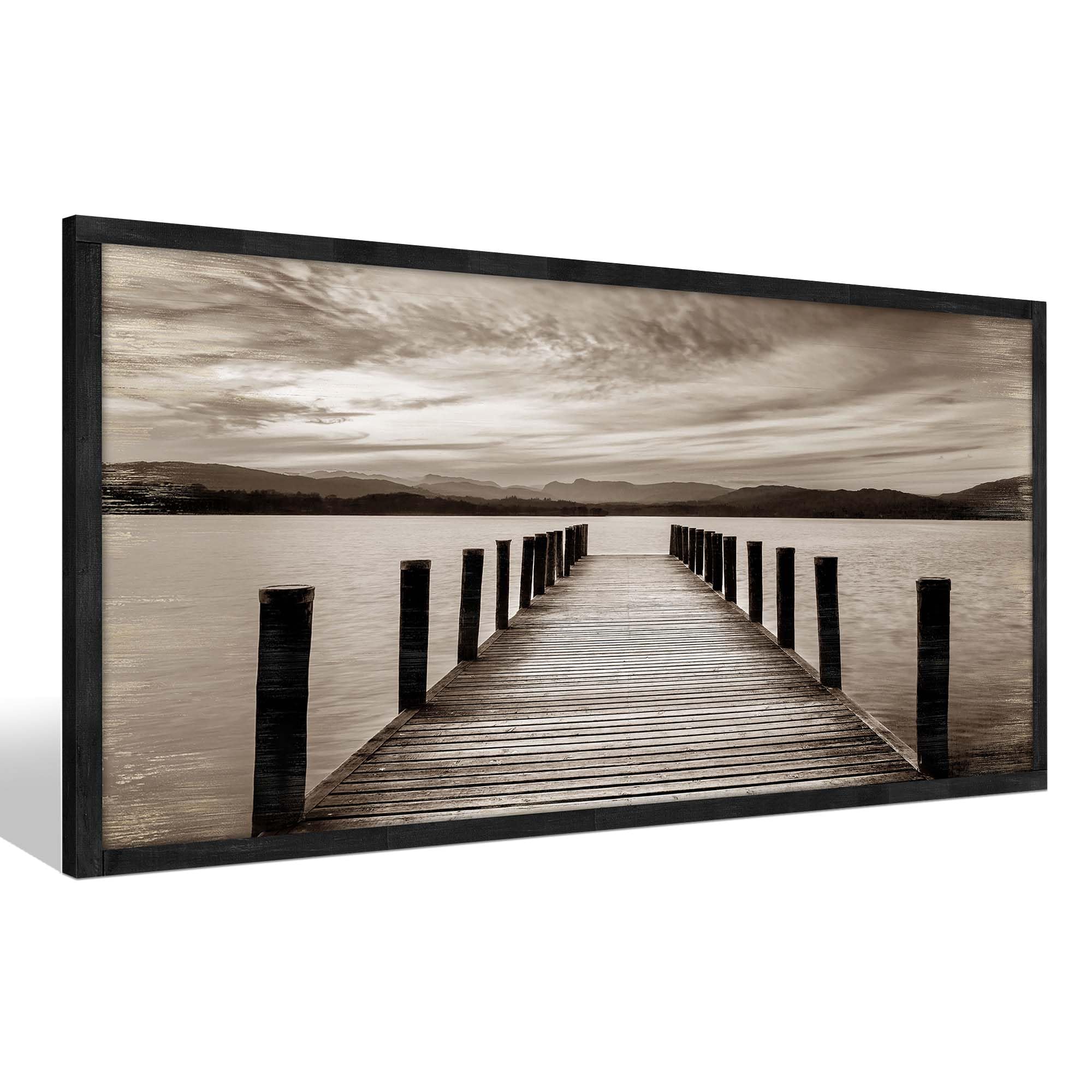 Pier Wooden Framed Wall Art: Lake Dock Scene Picture Mountain Landscape Painting Nature Prints Artwork for Bedroom Bathroom Living Room