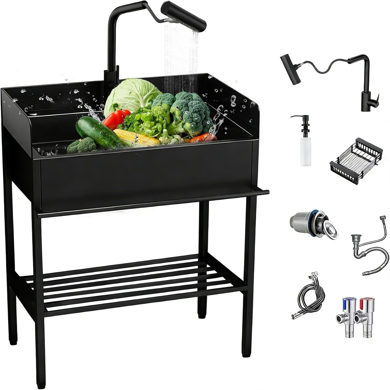 31.6" Stainless Steel Utility Sink with 3-Sided Splash Guard,Freestanding Outdoor Sink with Pull-Down Sprayer & Cabinet,Single Bowl Laundry Sink for Garage, Commercial Kitchen,Backyard,Black