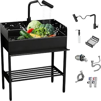 Stainless Steel Utility Sink with 3-Sided Splash Guard,36" Freestanding Outdoor Sink with Pull-Down Sprayer & Storage,Commercial Single Bowl Laundry Sink for Garage,Backyard,Garden,Black