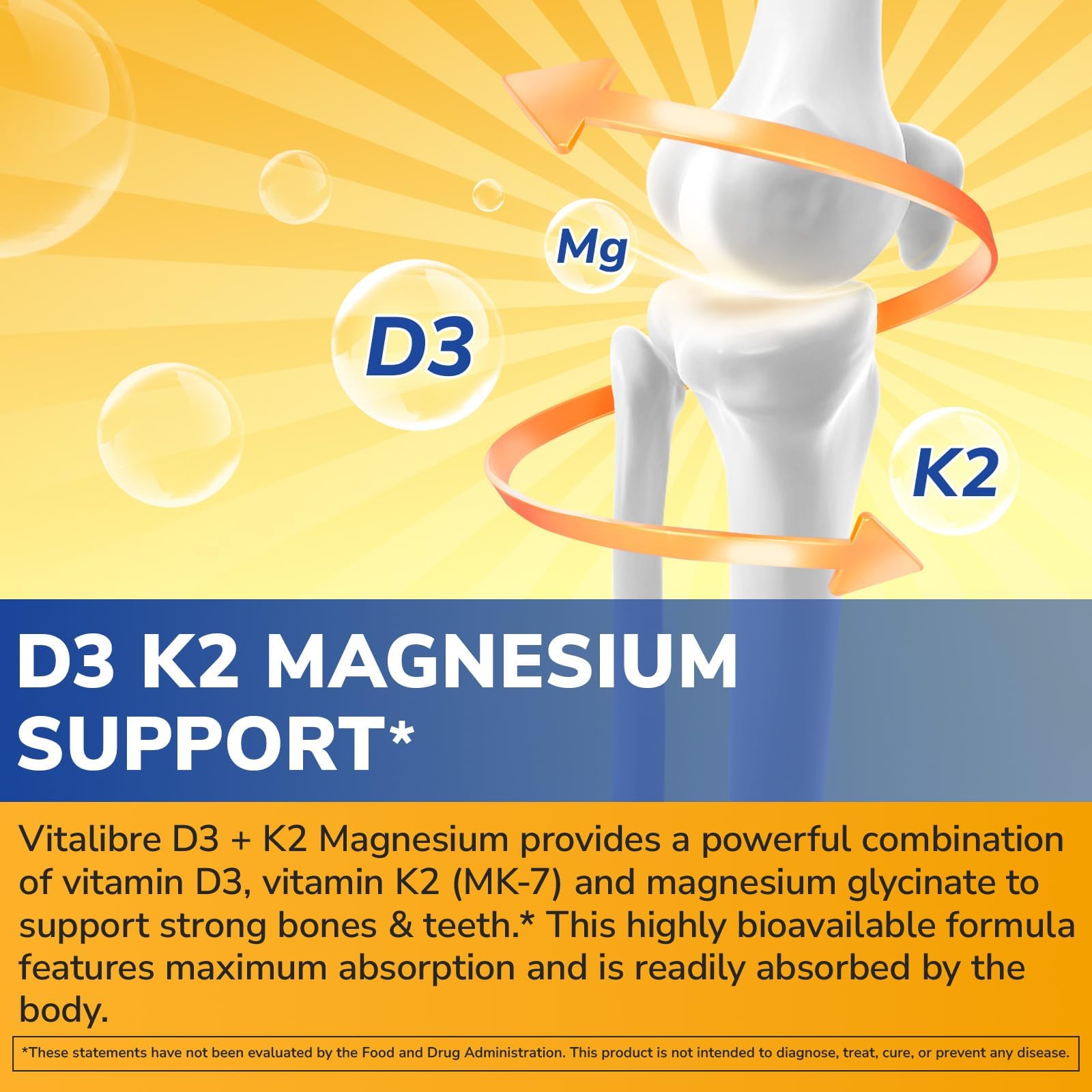 Vitalibre D3 K2 + Magnesium Supplement, 10000 IU Vitamin D3 & 200 mcg K2, with Magnesium Glycinate, Bone, Teeth, Immune & Energy Support, High Absorption, Non-GMO, Easy to Swallow, 60 Capsules — Amazon image 3
