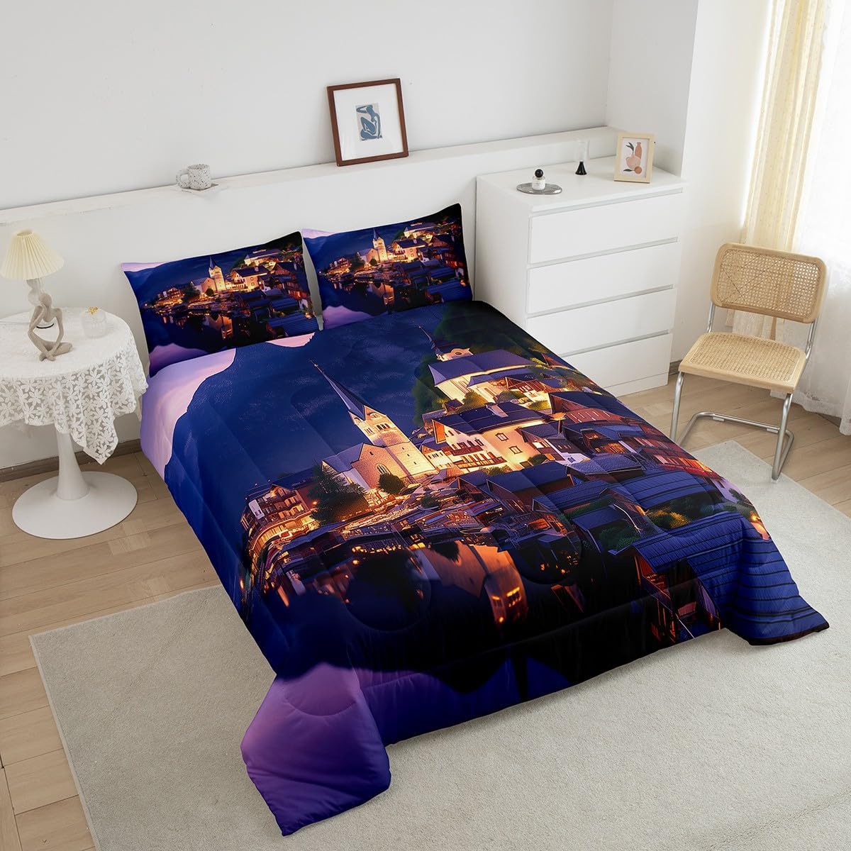 Feelyou Beautiful Scene Comforter Set Queen Size Holiday Comforter for Boys Girls Teens Night Light Bedding Set Gothic Duvet Set Room Decor Dark Purple Quilt Set