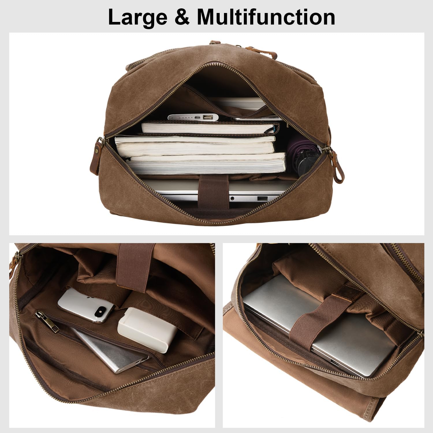 Waxed Canvas Vintage Backpack Casual Genuine Leather Laptop Travel Rucksack for Men Women - Image 4