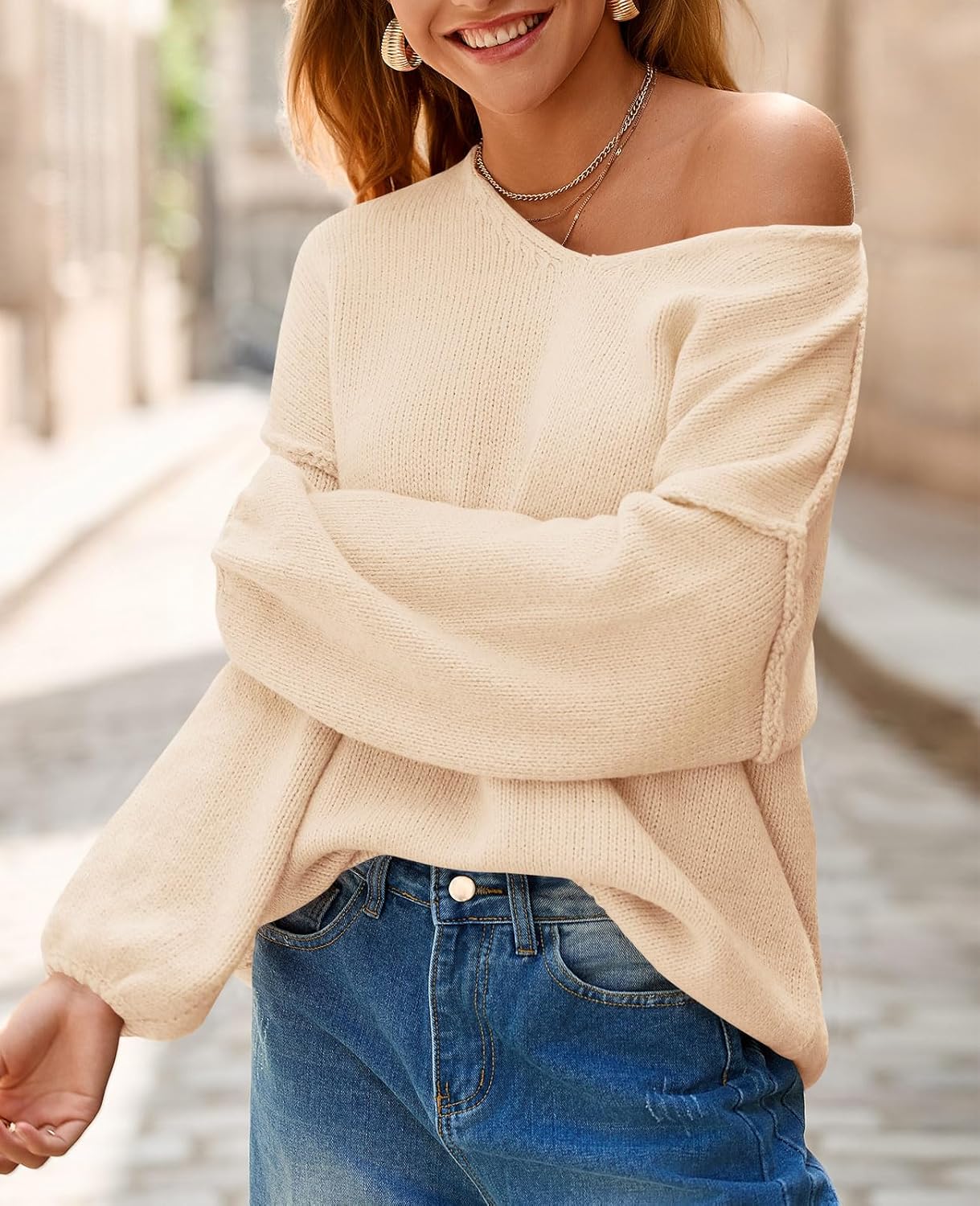 Saodimallsu Womens Oversized V Neck Sweaters Chunky Knit Lantern Long Sleeve Fall Winter Slouchy Tunic Sweater Tops - Image 4