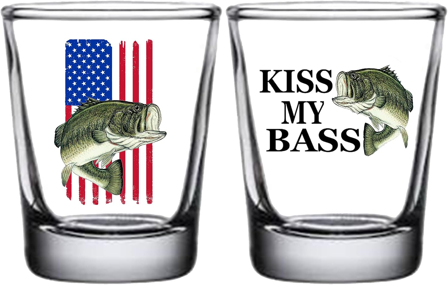 Rogue River Tactical Sarcastic Funny Combo Kiss My Bass, Flag Bass Shot Glass Bundle of Two, Gift Set Idea for Friend, Coworker or Boss, 1.5 Ounce