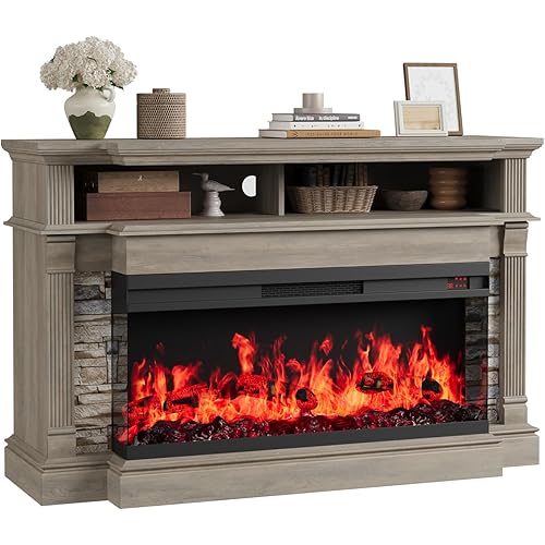 QUW Fireplace TV Stand for TVs up to 65", Farmhouse 52" Fireplace Entertainment Center with 36" 3-Side Glass Electric Fireplace, TV Console with Open Storage Shelves for Living Room, Grey