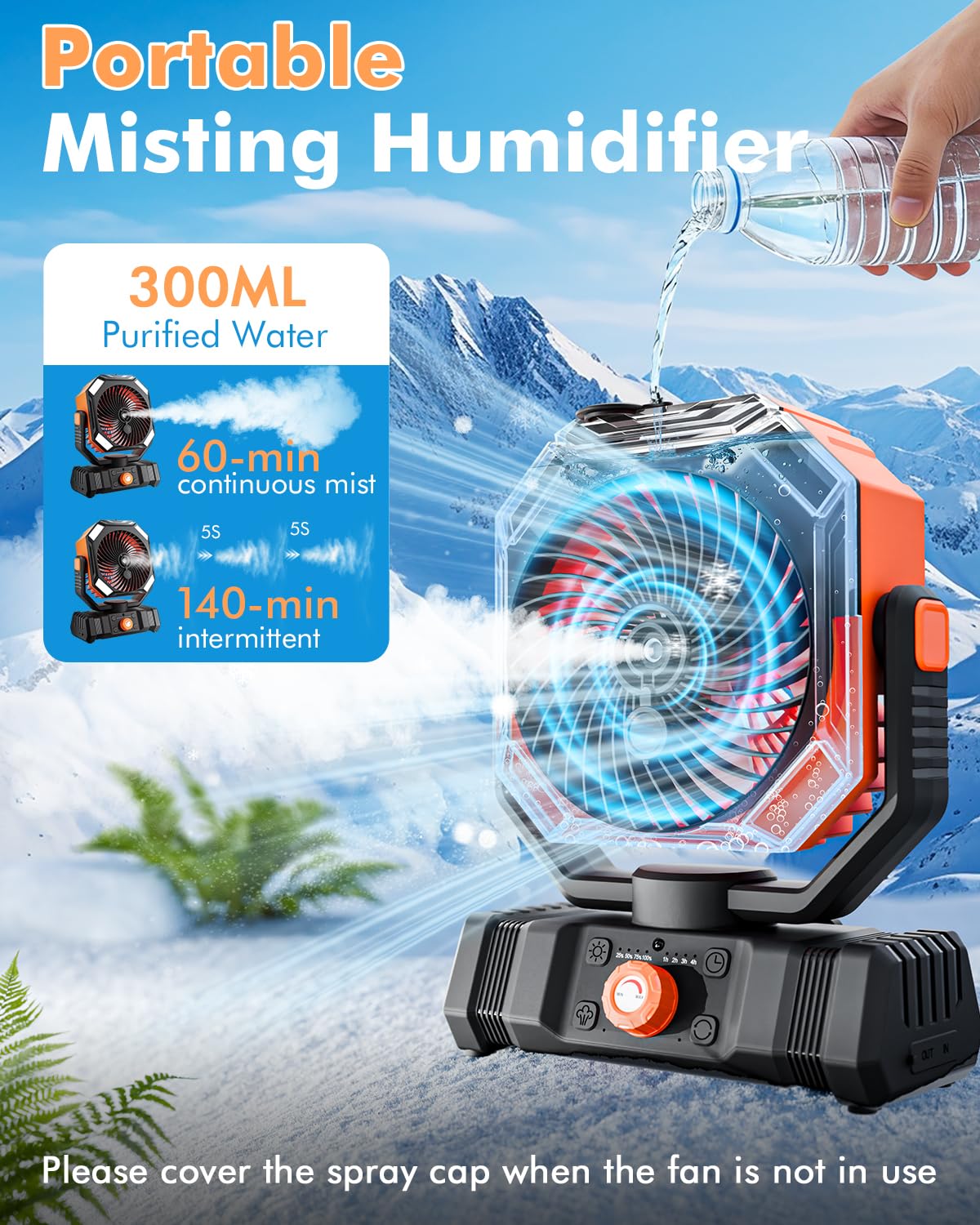 Ventilatore nebulizzatore portatile, ventole di raffreddamento, 20000 mAh, ricaricabile tramite USB, alimentato a batteria, con nebulizzatore, serbatoio dell'acqua da 250 ml e lanterna LED, per