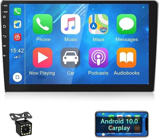 CAMECHO Android 10.0 Carplay Stereo Double Din 10.1 Inch Touch Screen Bluetooth Car Stereo with Sat Nav Backup Camera Support Mirror Link/Steering Wheel Control/WiFi/FM/Dual USB