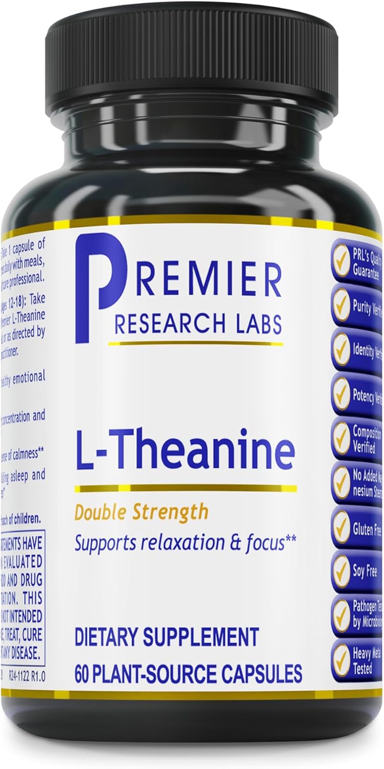 Premier Research Labs L-Theanine Double Strength - Pure L Theanine Supplement 200mg, Focus & Energy Support for Men & Women, Amino Acid for Relaxation, Support for Adults & Kids - 60 Vegan Capsules