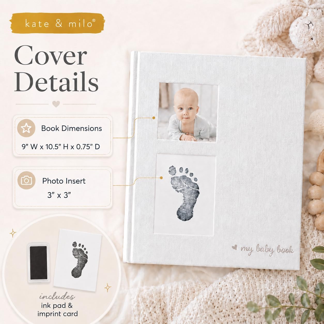 Kate & Milo Baby Memory Book with Footprint Ink Pad Kit, First Year Milestone Journal & Pregnancy Keepsake, Gender Neutral Linen Baby Book with Photo Insert, Gray