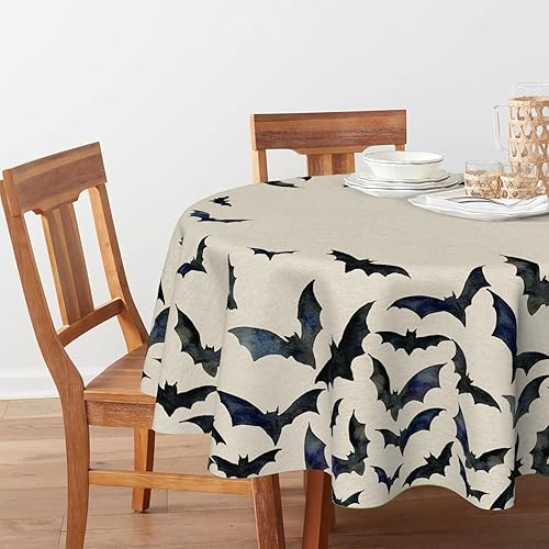 Miniatura 2 de Horaldaily Mantel redondo de Halloween de 70 x 70 pulgadas, diseño de murciélagos negros, lavable, para decoración de fiestas, pícnic, cenas