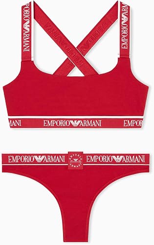 Emporio Armani Women's Iconic Logo Band Bralette and Brazilian Set, Lacquer Red,