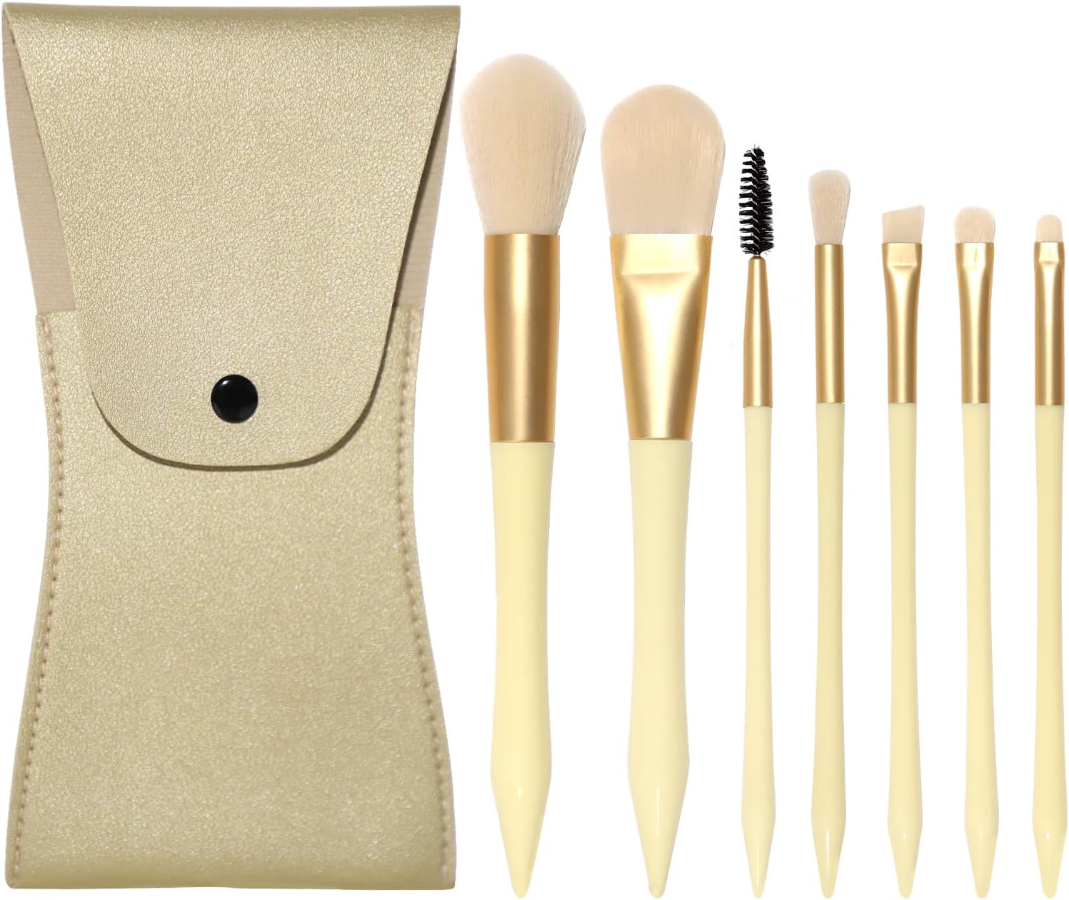 Oputemon Travel Makeup Brush Set 7pcs Premium Synthetic Foundation Blending Blush Concealer Eye Shadow Cosmetic Brush Set，Includes Eyebrow Brush & Lip brush, Elastic Bristles Plastic Handle With Leather Case Packaging ,Perfect For Travel，Matte Gold
