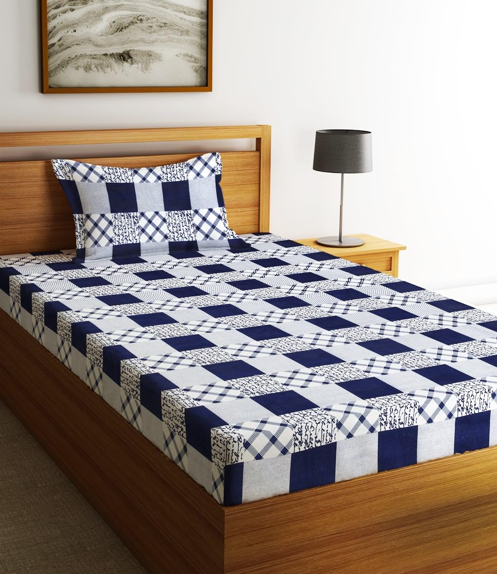 Fashion String Microfiber 144 TC Boxed Elegance Blue Single Bedsheet with 1 Pillow Cover